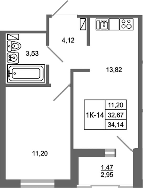 1-комнатная квартира 34.14 м², 7/17 эт., ЖК «Стороны Света 2»